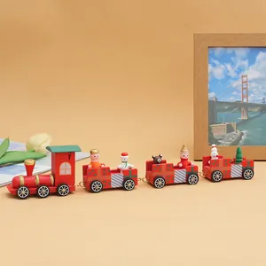 Handcrafted wooden Christmas train set with festive figurines for holiday tabletop decor