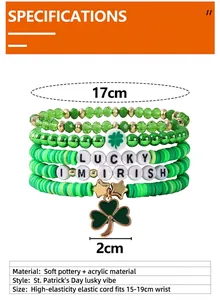 Detailed specifications for green clover lucky bracelet set including size and material