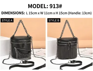 Stylish black PU leather bucket bag with chain strap and tassels in two styles