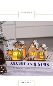 Close-up detail of warm LED wooden Christmas house decorations with snow-covered roofs