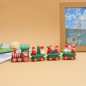 Handcrafted four-car wooden Christmas train ornament with Santa and snowman figurines
