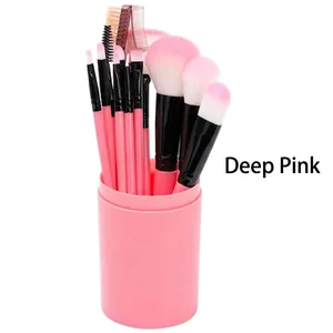 Detail of professional 12-piece pink makeup brush set including storage cylinder