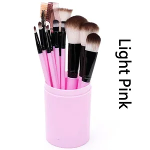 Detailed view of 12-piece makeup brush set with light pink handles in a storage tube