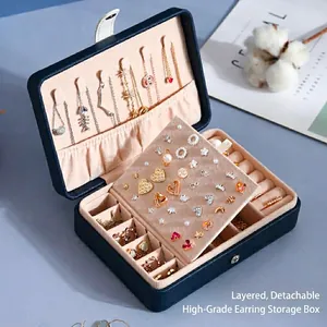 Detailed view of a navy blue jewelry box with layered compartments and necklace hooks.