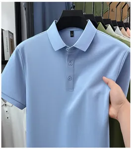 Close-up of light blue polo shirt fabric being stretched showing its high elasticity.