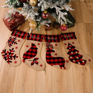 Personalized red and black buffalo plaid Christmas stockings set with burlap accents