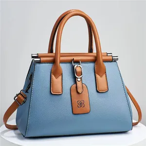High-end elegant lychee pattern women's handbag in blue and brown with crossbody strap