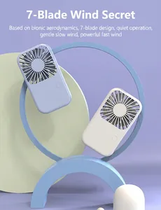 Portable USB rechargeable handheld mini fan with 7-blade silent cooling design in blue and white.