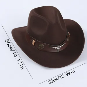 Chapeau Fedora Western Cowboy en Feutre de Laine Chapeau Jazz Avec Bande en Cuir Tête de Taureau Argentée Large Bord