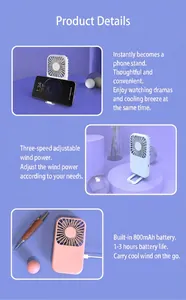 Portable mini fan with 3 speeds, 800mAh battery, and integrated phone stand function