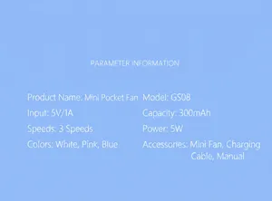 Detailed technical specifications for portable mini handheld USB fan model GS08