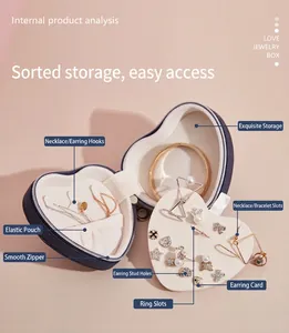 Detailed interior view of a heart-shaped portable jewelry box showing storage compartments