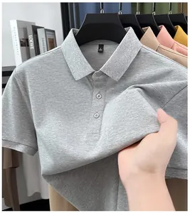 Macro view of a gray men's polo shirt showing fine cotton fabric texture and collar detail