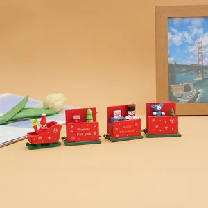 Close-up of a festive wooden Christmas train ornament set on a warm background