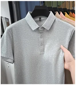 Detail of high-quality grey men's polo shirt showing fabric texture and collar
