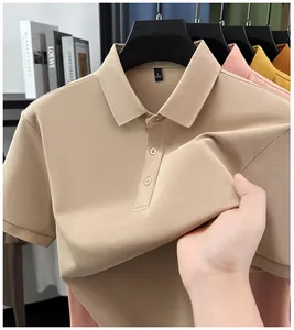 Close-up detail of high-quality stretchable fabric on a men's khaki polo shirt