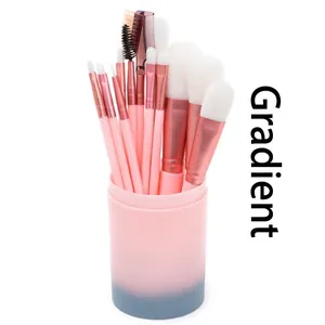 12-piece professional makeup brush set with gradient storage tube and pink handles