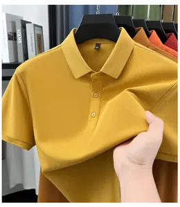 Close-up of premium yellow men's polo shirt showing fabric texture and buttons