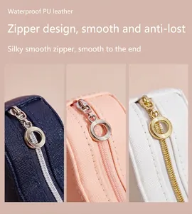 Close-up of smooth metal zipper and waterproof PU leather texture on jewelry box