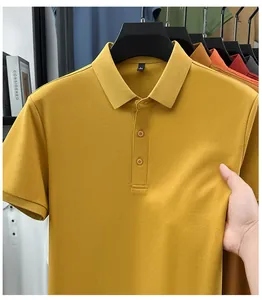 Macro view of premium mustard yellow polo shirt fabric showing texture and elasticity