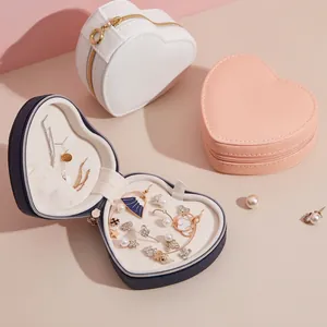 Portable Heart Shaped Jewelry Box PU Leather Travel Jewelry Organizer For Earrings Rings Necklaces Zipper Storage Case Women Gift