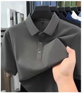 Close-up detail of premium dark gray men's polo shirt showing fabric texture and stretch