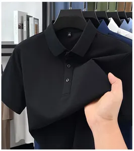 Close-up of premium black slim fit men's Polo shirt showing breathable fabric texture
