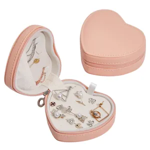 Heart-shaped portable jewelry organizer for rings, earrings and necklaces in pink finish