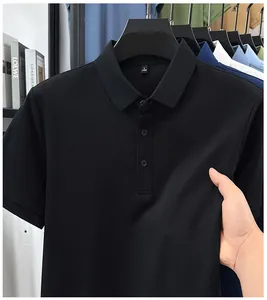Close-up of black men's Polo shirt showing high elasticity fabric and 3-button collar