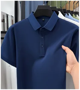 Macro detail showing the stretch and texture of a high-end navy blue men's polo shirt