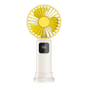 Portable handheld mini USB fan with LED power display and yellow fan blades.