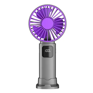 Portable handheld mini fan in purple and grey featuring 100% digital battery display