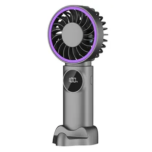 Portable grey handheld mini fan with digital LED display and purple light ring