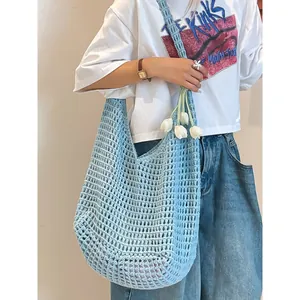 Sac cabas ajouré tricoté main bleu clair élégant pour femmes style décontracté printemps