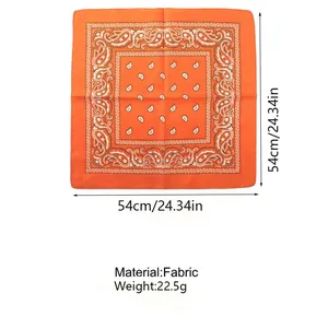 Orange paisley bandana detail showing 54cm size, fabric material, and weight