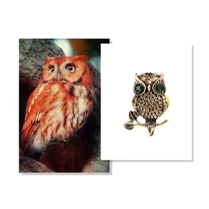 Vintage bronze owl brooch with green rhinestone eyes and crystal accents for women