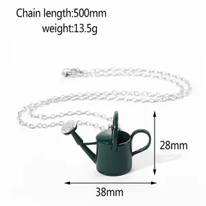 Creative dark green watering can pendant necklace with silver chain and size indicators