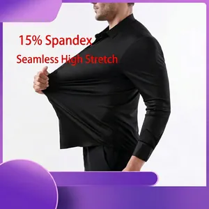 High elasticity black men's long-sleeve shirt featuring seamless four-way stretch fabric