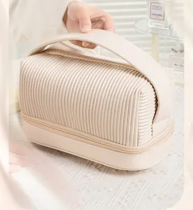 Close-up view of a pleated beige PU leather cosmetic bag with a sturdy handle