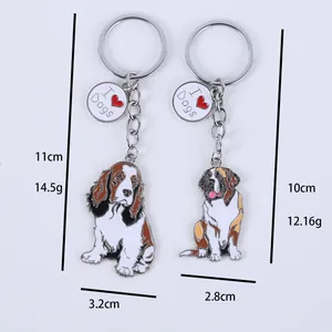 Size guide for zinc alloy cartoon dog keychains featuring Springer Spaniel and St. Bernard