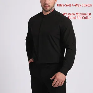 Close-up of black men's stretch shirt with minimalist stand-up collar detail view