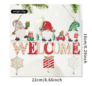 Detailed view of Christmas gnome wooden welcome sign with snowflakes and dimensions.
