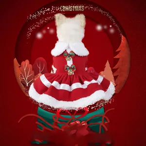 Vestito natalizio festivo per cani in pile con bordo in pelliccia bianca e fiocchi