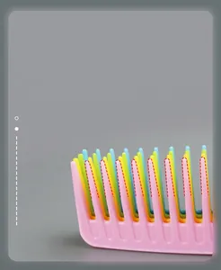 Close-up detail of colorful wide-tooth comb with tapered tips for easy hair penetration.