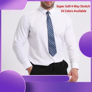 Close-up view of a professional white stretch dress shirt with a striped blue tie