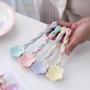 Cute flower ceramic spoon set with pastel twisted handles for coffee and dessert
