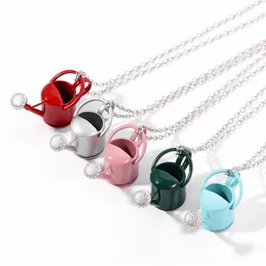 Creative mini watering can pendant necklaces set in five colors with rhinestone details