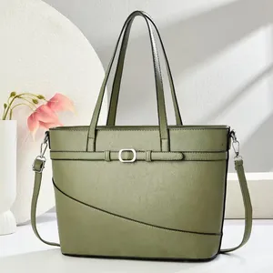 Elegant olive green high-capacity faux leather tote bag with top handle and strap