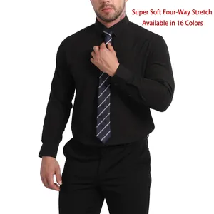 Men's formal black long-sleeve dress shirt with striped tie and four-way stretch