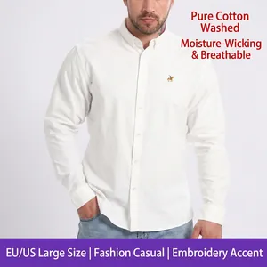 Close-up view of men's white long-sleeved casual shirt featuring chest embroidery detail.